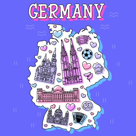 Germany cartoon travel vector map, symbols and other, decorative poster flat style for design tourismのイラスト素材