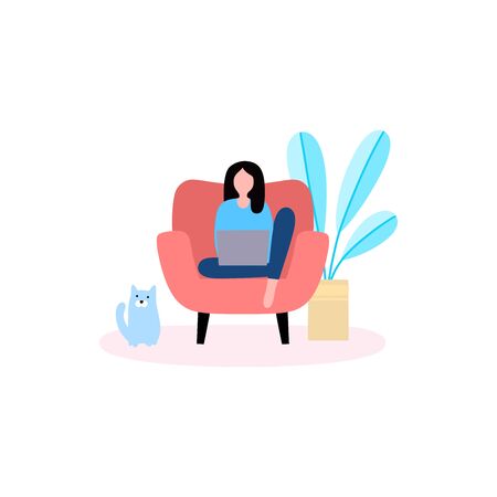 Young woman works at home with a laptop. Freelancer works on the armchair. Vector illustration in a flat styleのイラスト素材