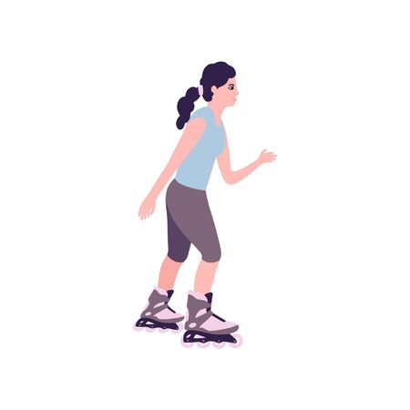 Illustration of young woman performing exercises isolated on a light background. Colorful flat vector illustration.のイラスト素材