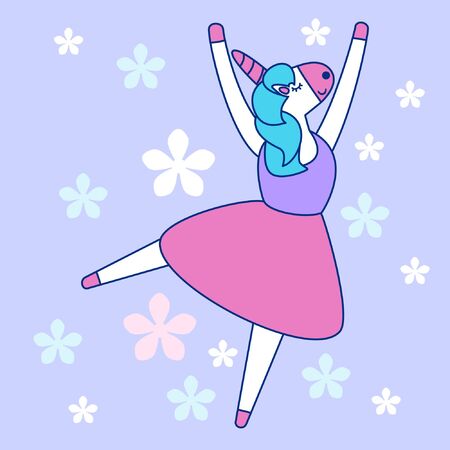 Cartoon illustration of cute dancing unicornのイラスト素材