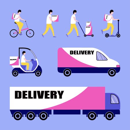 Collection of illustrations on the theme of delivery. Delivery by truck, car, scooter, bicycle, scooter. Vector illustration in a flat styleのイラスト素材