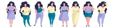 Plus size fashion. Vector set of cartoon style womanのイラスト素材