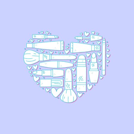 Vector hand drawn illustration of cosmetics in the shape of a heart. Design for poster and cardのイラスト素材