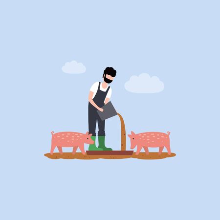 illustration of a farmer who feeds pigs.
Colorful flat vector drawing.のイラスト素材