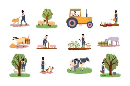Collection of illustrations on the theme of farm. Harvesting and watering, feeding animals, milking a cow, working on a tractor.
Colorful flat vector drawing.のイラスト素材