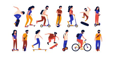 Ð¡ollection of people riding bicycle, scooter, skateboard, hoverboard, electric unicycle, longboard. Colorful flat vector drawing.のイラスト素材
