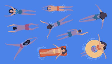 illustration of people who swim. View from above. Colorful flat vector drawing.のイラスト素材