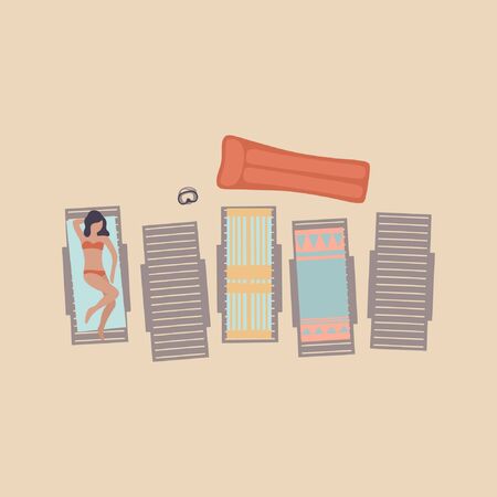 illustration of woman on the beach. Woman sunbathe in the sun. Vacation at sea. View from above. Colorful flat vector drawing.のイラスト素材