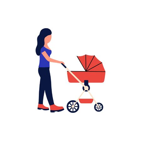 Mom walks with a stroller.
Baby sleeps in a stroller.
Vector illustration in a flat style.のイラスト素材