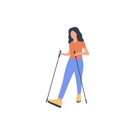 Woman nordic walking isolated on a light background. Colorful flat vector illustration.のイラスト素材