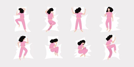 Ð¡ollection of different poses of a sleeping girl. Colorful flat vector illustration.のイラスト素材