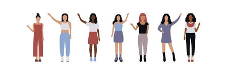 Group of women wave their hand. Greeting gesture. Vector illustration in a flat styleのイラスト素材