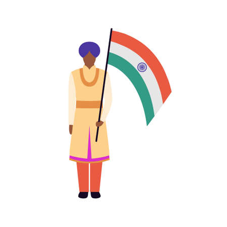 Independence Day of India. Man with flag of India. illustration in flat styleのイラスト素材