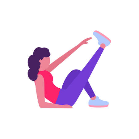 Illustration of young woman performing exercises isolated on a light background. Colorful flat vector illustration.のイラスト素材