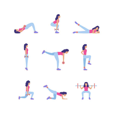 Collection of young women performing exercises isolated on a light background. Colorful flat vector set.のイラスト素材