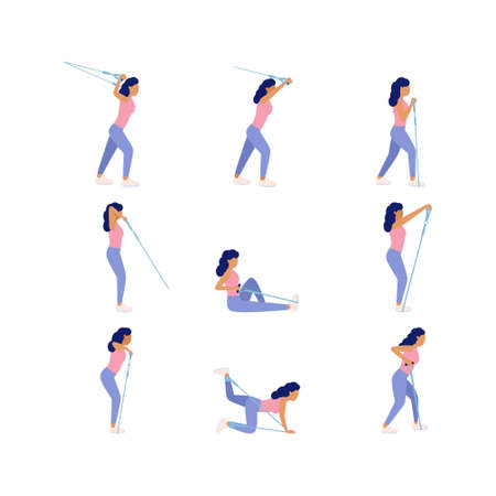 Collection of young women performing exercises isolated on a light background. Colorful flat vector set.のイラスト素材
