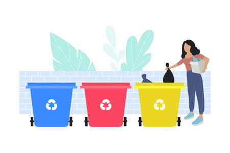 illustration of woman sorting garbage into trash cans. Recycle thrash and Waste separation. Colorful flat vector drawing.のイラスト素材