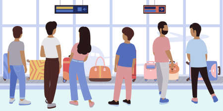 Illustration of people are waiting for their luggage on the luggage belt at the airport. Vector...