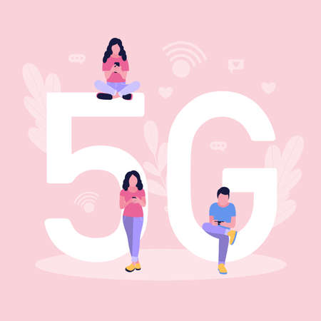 Illustration of woman and man with smartphones. Communication in social networks, online meeting, video call. People use high speed internet 5G. Vector illustration in a flat styleのイラスト素材