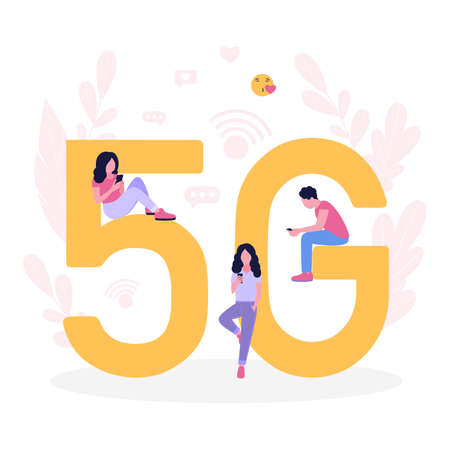 Illustration of woman and man with smartphones. Communication in social networks, online meeting,...