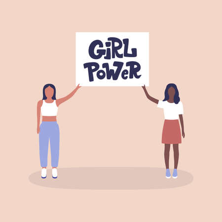 illustration of girls with a poster Girl Power. Vector illustration in a flat style.のイラスト素材