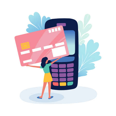 Illustration of a little woman with a big credit card and a payment terminal. Vector illustration in a flat style.のイラスト素材