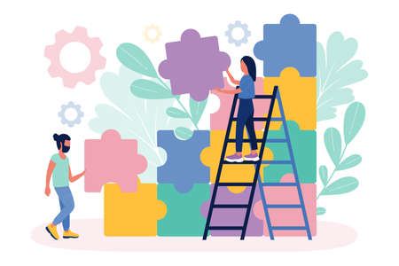 Illustration of people connecting puzzle elements. Teamwork, business, partnership theme. Vector...