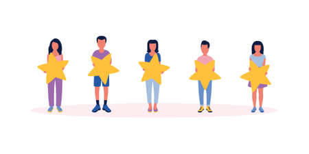 Star rating concept. Hands hold stars in their hands. Colorful flat vector illustration.のイラスト素材