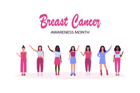 Breast cancer awareness day illustration. Group of women gathering together. Vector illustration in a flat styleのイラスト素材