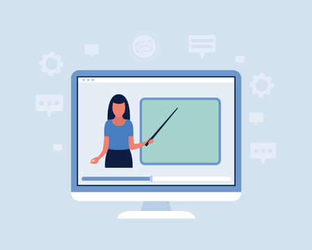 Concept illustration of online learning. Teacher's day. Video lesson, webinar. Colorful flat vector illustration.のイラスト素材