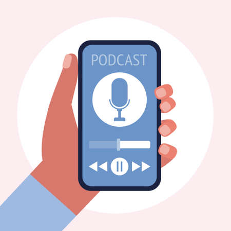 Podcast concept. Hand holding mobile phone with podcast. Vector illustration in a flat styleのイラスト素材