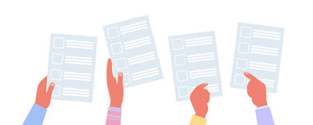 Voting Concept. Hands are holding ballots. Vector illustration in a flat style