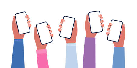 Illustration of hands with phones. Colorful flat vector illustration