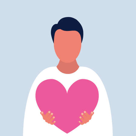 Man holds big hearts. Illustration for Valentine's day. Colorful flat vector illustration