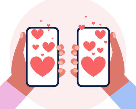 Hands hold phones with hearts on the screen. Illustration for Valentine's day. Colorful flat vector illustrationのイラスト素材