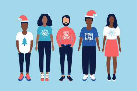 Group of men of different nationalities stand together in New Year's clothes. Vector illustration in a flat styleのイラスト素材