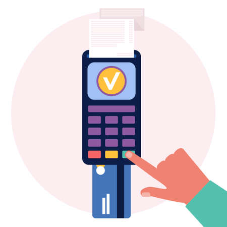 Mobile payment via payment terminal and bank card. Colorful flat vector illustration.のイラスト素材