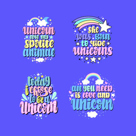 Unicorn hand drawn lettering illustration, text card, poster, lettering printのイラスト素材