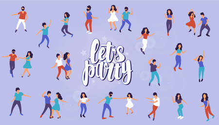 Let's party. Collection of dancing people. Men and women performing dance at school, studio, party....