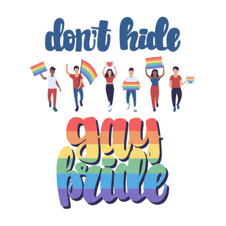 Do not Hide Gay Pride. Group of LGBT activists in parade illustration in flat styleのイラスト素材