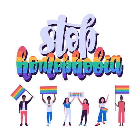 Stop Homophobia. Group of LGBT activists in parade illustration in flat styleのイラスト素材