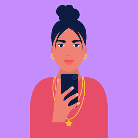 Illustration of woman who takes selfie on the phone. Vector illustration in a flat styleのイラスト素材