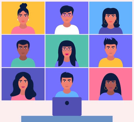 Illustration of conference video call, video call to a friend, study online, business meeting. Colorful flat illustrationのイラスト素材