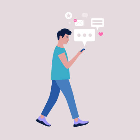Young man walks and reads or writes a message on a mobile phone. Colorful flat vector illustrationのイラスト素材