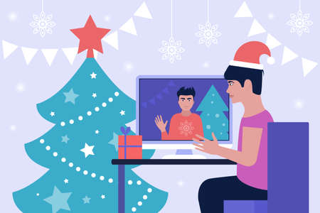 Illustration of Christmas and happy new year theme. Workflow illustration. Young woman with computer. Communication in social networks, mail, online meeting, video call. Vector illustration in a flat styleのイラスト素材