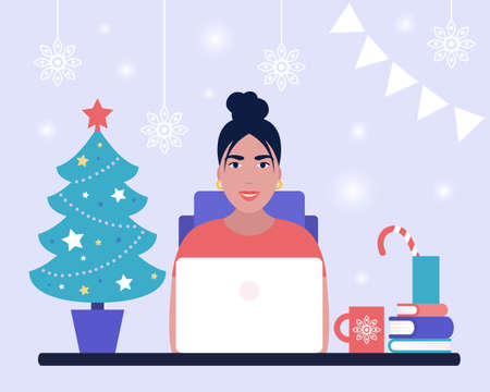 Illustration of Christmas and happy new year theme. Workflow illustration. Young man with computer. Communication in social networks, mail, online meeting, video call. Vector illustration in a flat styleのイラスト素材