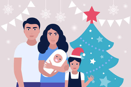 Illustration of Christmas and happy new year theme. Illustration of Mother and father with children. Family concept. Colorful flat vector illustration.のイラスト素材