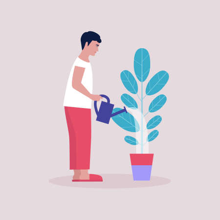 Young man watering houseplants. Housekeeping concept. Colorful flat vector illustration.のイラスト素材