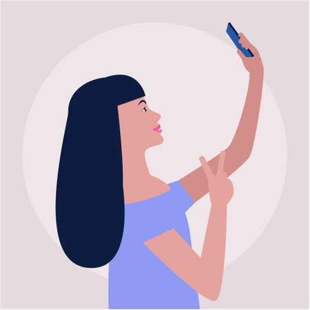 illustration of young woman who takes selfie on the phone. Colorful flat vector drawing.