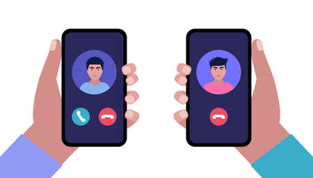IP telephony. Internet Call. Hand holding smartphone with outgoing call and incoming call. Colorful flat vector illustration.のイラスト素材